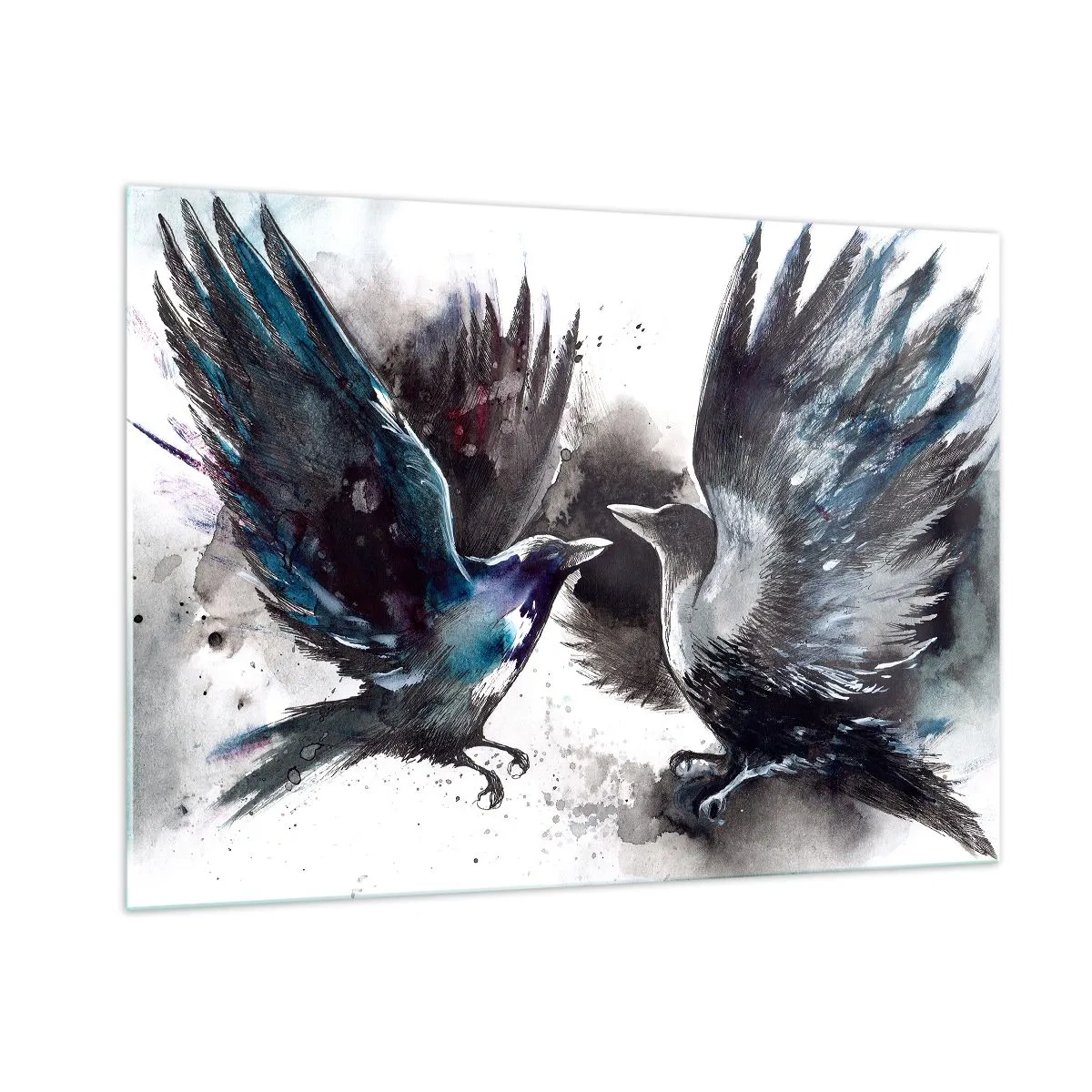 Quadro su vetro - Due corvi in posa dinamica con le ali spiegate - 100x70cm - Corvi imperiali - Decorazione murale moderna per soggiorno e camera da letto ARTTOR