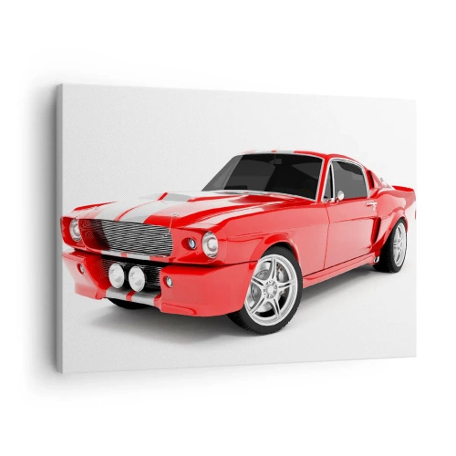 Quadro su tela - Stampe su Tela - Auto sportiva rossa con strisce bianche - 70x50cm - Mustang veloce come il vento - Decorazione murale moderna per soggiorno e camera da letto ARTTOR