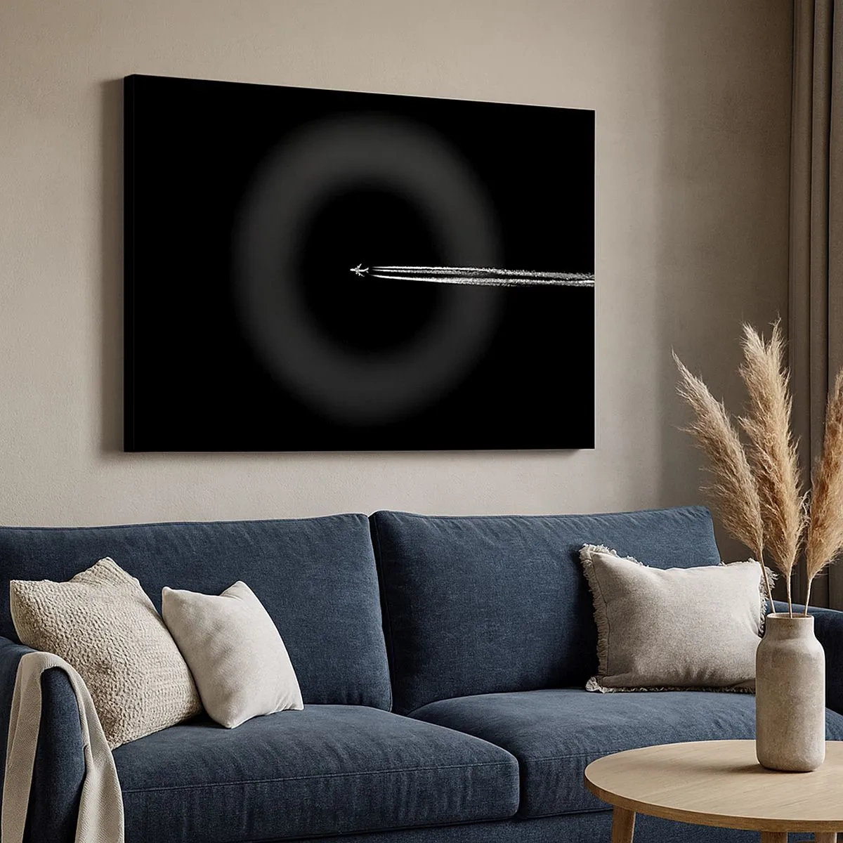 Quadro su tela - Stampe su Tela - Un aereo a reazione con una scia di condensazione visibile su uno sfondo nero - 70x50cm - In un'altra dimensione - Decorazione murale moderna per soggiorno e camera da letto ARTTOR