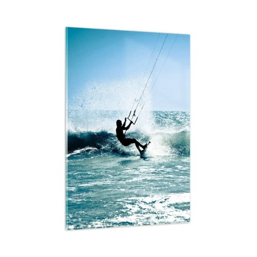 Quadro su vetro - Kitesurfer cavalca un'onda in pieno sole - 80x120cm - Fatti sollevare - Decorazione murale moderna per soggiorno e camera da letto ARTTOR