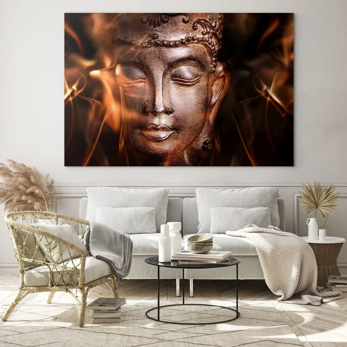 Quadro su vetro - Il volto nebuloso del Buddha nelle calde tonalità dell'oro e del marrone - 120x80cm - Esiste solo qui e ora - Decorazione murale moderna per soggiorno e camera da letto ARTTOR