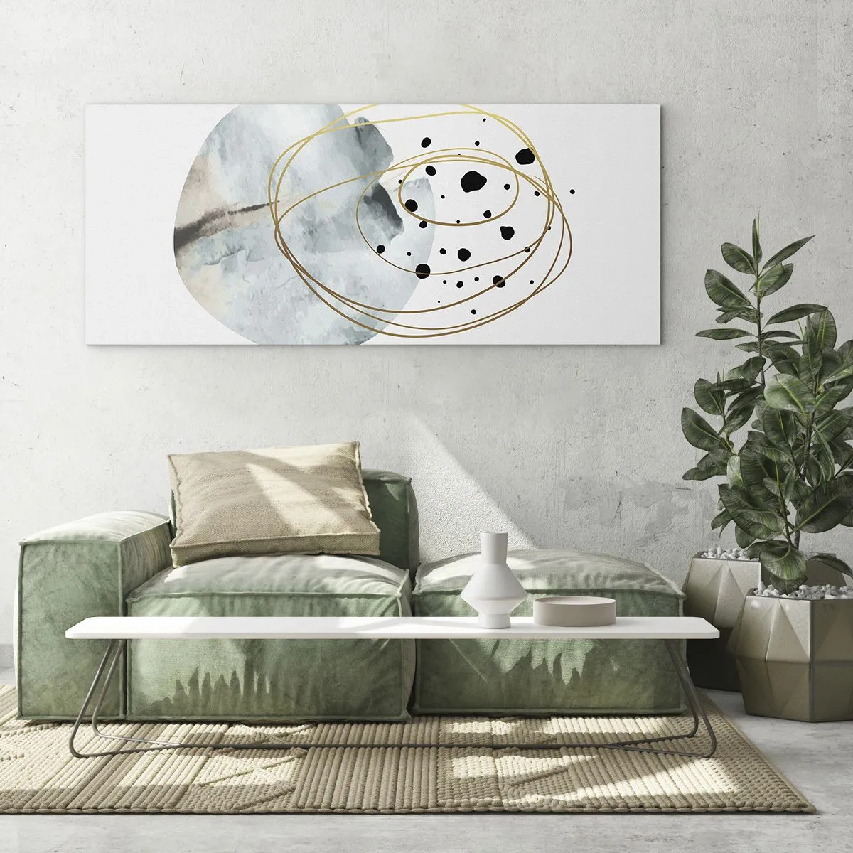 Quadro su vetro - Astrazione minimalista con motivo geometrico e linee dorate - 160x50cm - Nell'abbraccio dello spazio - Decorazione murale moderna per soggiorno e camera da letto ARTTOR
