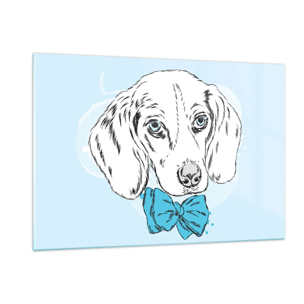 Quadro su vetro - Disegno di un cane con un papillon su sfondo blu - 120x80cm - Eleganza canina - Decorazione murale moderna per soggiorno e camera da letto ARTTOR