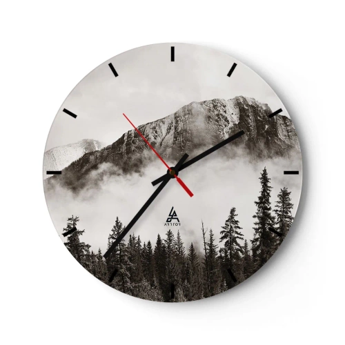 Orologio da parete - Orologio in Vetro - Paesaggio montano con foresta in un'atmosfera nebbiosa - 30x30cm - Il sovrano di granito - Decorazione murale moderna per soggiorno, cucina e camera da letto ARTTOR