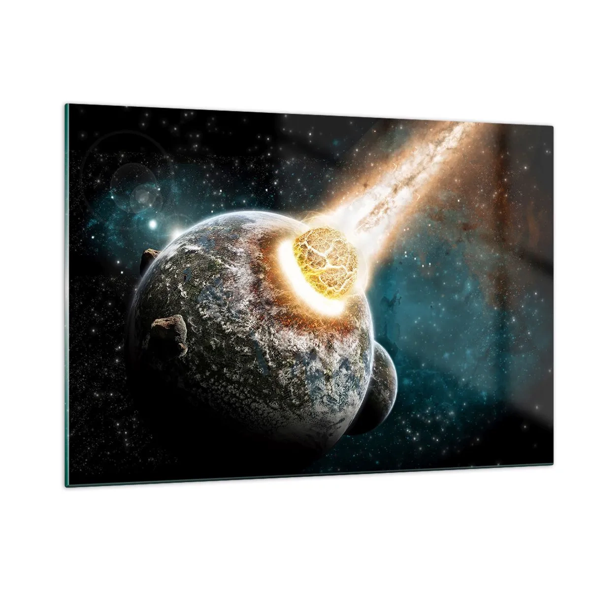 Quadro su vetro - Un pianeta in collisione con un meteorite - 120x80cm - Estinzione o nascita? - Decorazione murale moderna per soggiorno e camera da letto ARTTOR