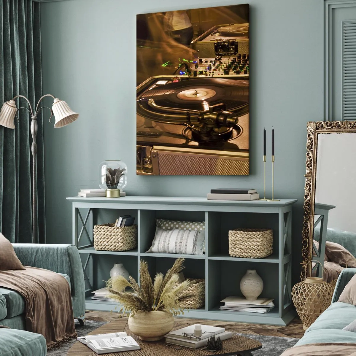 Quadro su tela - Stampe su Tela - Attrezzatura da DJ con giradischi e mixer durante una festa - 50x70cm - Senti la forza? - Decorazione murale moderna per soggiorno e camera da letto ARTTOR