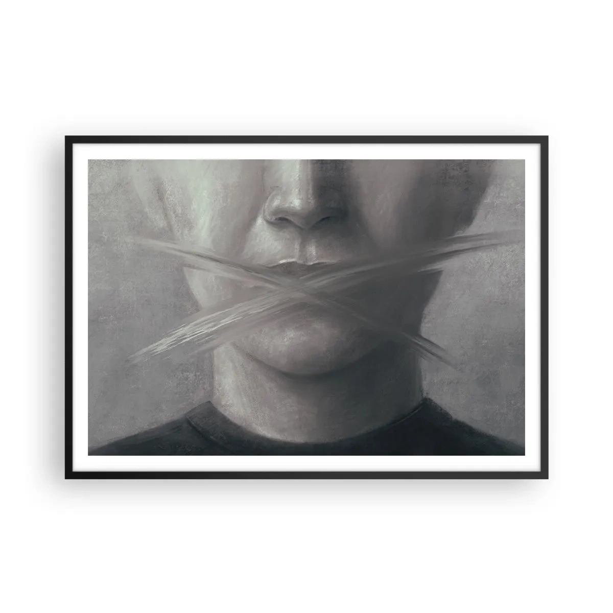 Poster in cornice nera - Un ritratto simbolico con labbra sfocate nei toni del grigio. - 100x70cm - Neanche una parola - Decorazione murale moderna per soggiorno e camera da letto ARTTOR