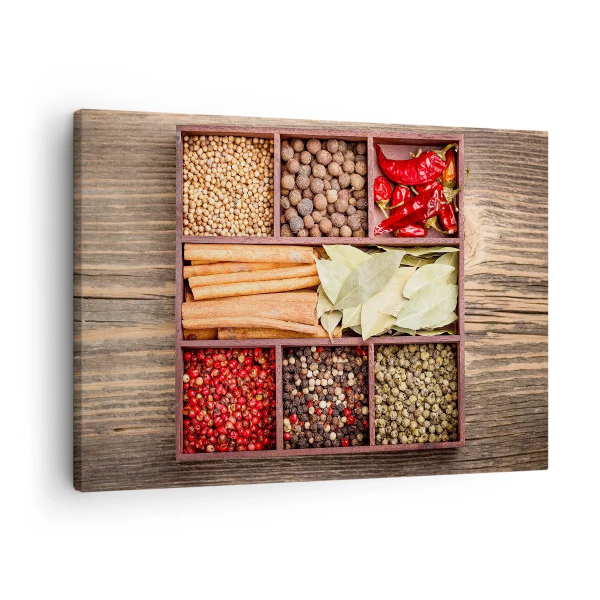 Quadro su tela - Stampe su Tela - Scatola di legno con varie spezie in scomparti - 70x50cm - Ordine delle forme, bouquet degli aromi - Decorazione murale moderna per soggiorno e camera da letto ARTTOR