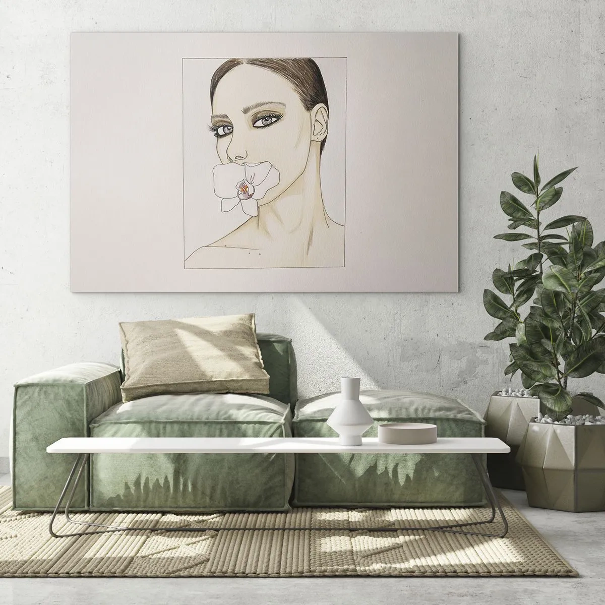 Quadro su vetro - Ritratto di una donna con un'orchidea in bocca su uno sfondo chiaro - 120x80cm - Simbolo di eleganza e bellezza - Decorazione murale moderna per soggiorno e camera da letto ARTTOR