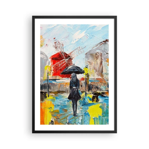 Poster in cornice nera - Una donna con un ombrello sullo sfondo di una città sotto la pioggia - 50x70cm - Leggende di Parigi - Decorazione murale moderna per soggiorno e camera da letto ARTTOR