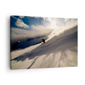 Quadro su tela - Stampe su Tela - Uno sciatore su un pendio circondato da montagne e neve - 70x50cm - Sfida dei monti accettata - Decorazione murale moderna per soggiorno e camera da letto ARTTOR