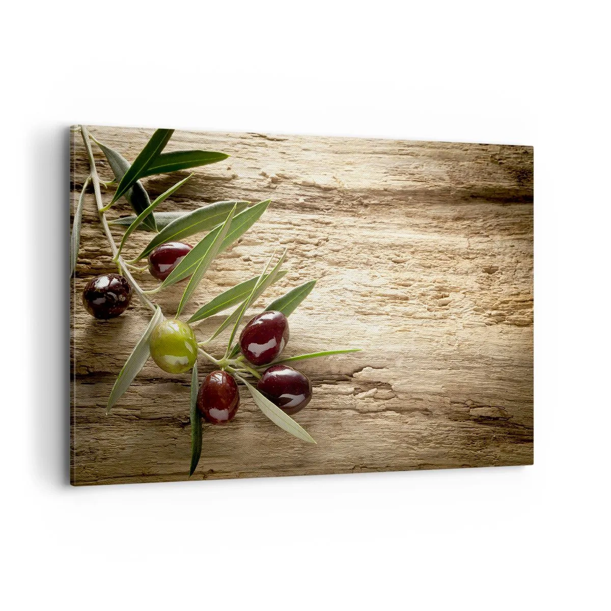 Quadro su tela - Stampe su Tela - Ramo d'ulivo con frutta su uno sfondo di legno invecchiato - 120x80cm - Direttamente dalla natura - Decorazione murale moderna per soggiorno e camera da letto ARTTOR