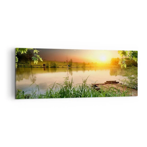 Quadro su tela - Stampe su Tela - Paesaggio verde con un lago al tramonto - 140x50cm - Paesaggio incorniciato di verde - Decorazione murale moderna per soggiorno e camera da letto ARTTOR