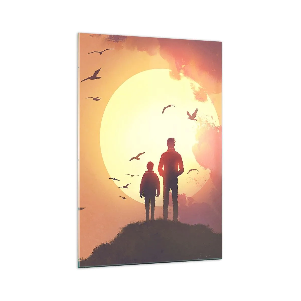 Quadro su vetro - Figure sullo sfondo del sole al tramonto - 70x100cm - Faccia a faccia con il sole - Decorazione murale moderna per soggiorno e camera da letto ARTTOR