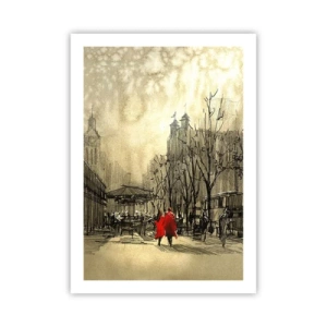 Poster - Una figura con un cappotto rosso sullo sfondo di una città invernale - 50x70cm - Appuntamento nella nebbia di Londra  - Decorazione murale moderna per soggiorno e camera da letto ARTTOR