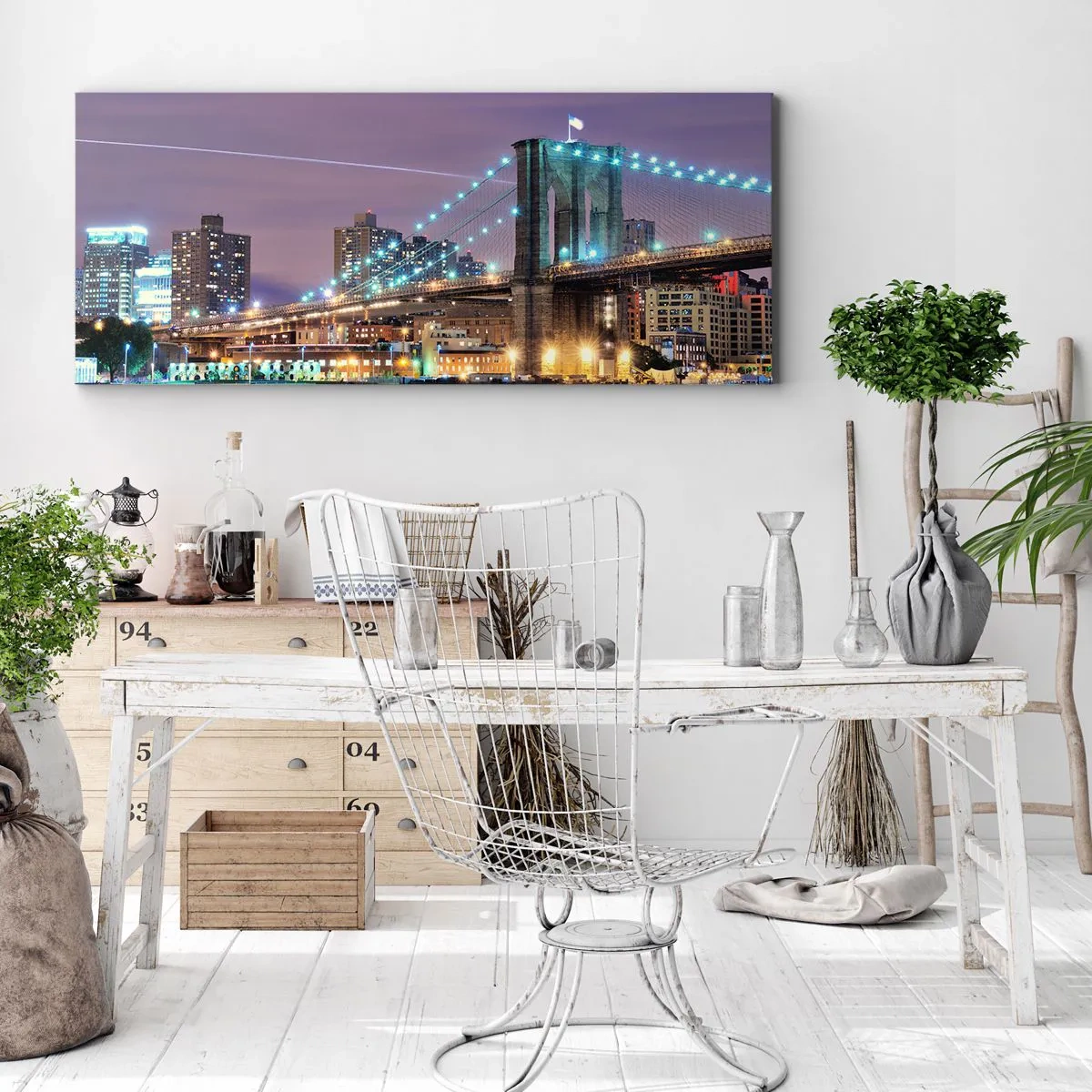 Quadro su tela - Stampe su Tela - Ponte di Brooklyn di notte con la città illuminata sullo sfondo - 160x50cm - Da tanti anni il ponte di Brooklyn - Decorazione murale moderna per soggiorno e camera da letto ARTTOR