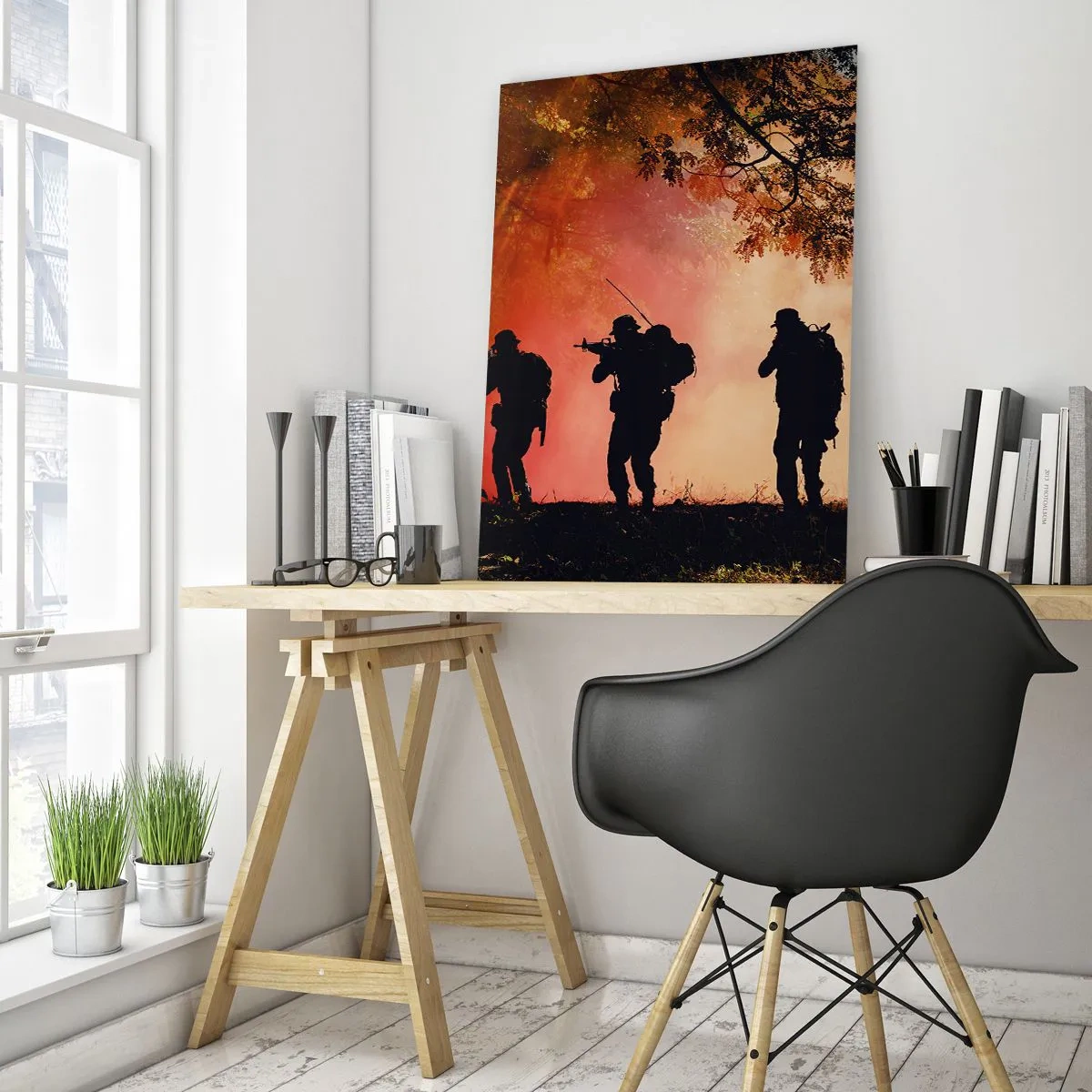 Quadro su vetro - Sagome di soldati nella foresta contro il cielo arancione - 80x120cm - …Tutti per uno. - Decorazione murale moderna per soggiorno e camera da letto ARTTOR
