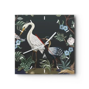 Orologio da parete - Orologio in Vetro - Uccelli e piante dipinti su uno sfondo scuro con un motivo elegante - 30x30cm - La parata degli uccelli - Decorazione murale moderna per soggiorno e camera da letto ARTTOR