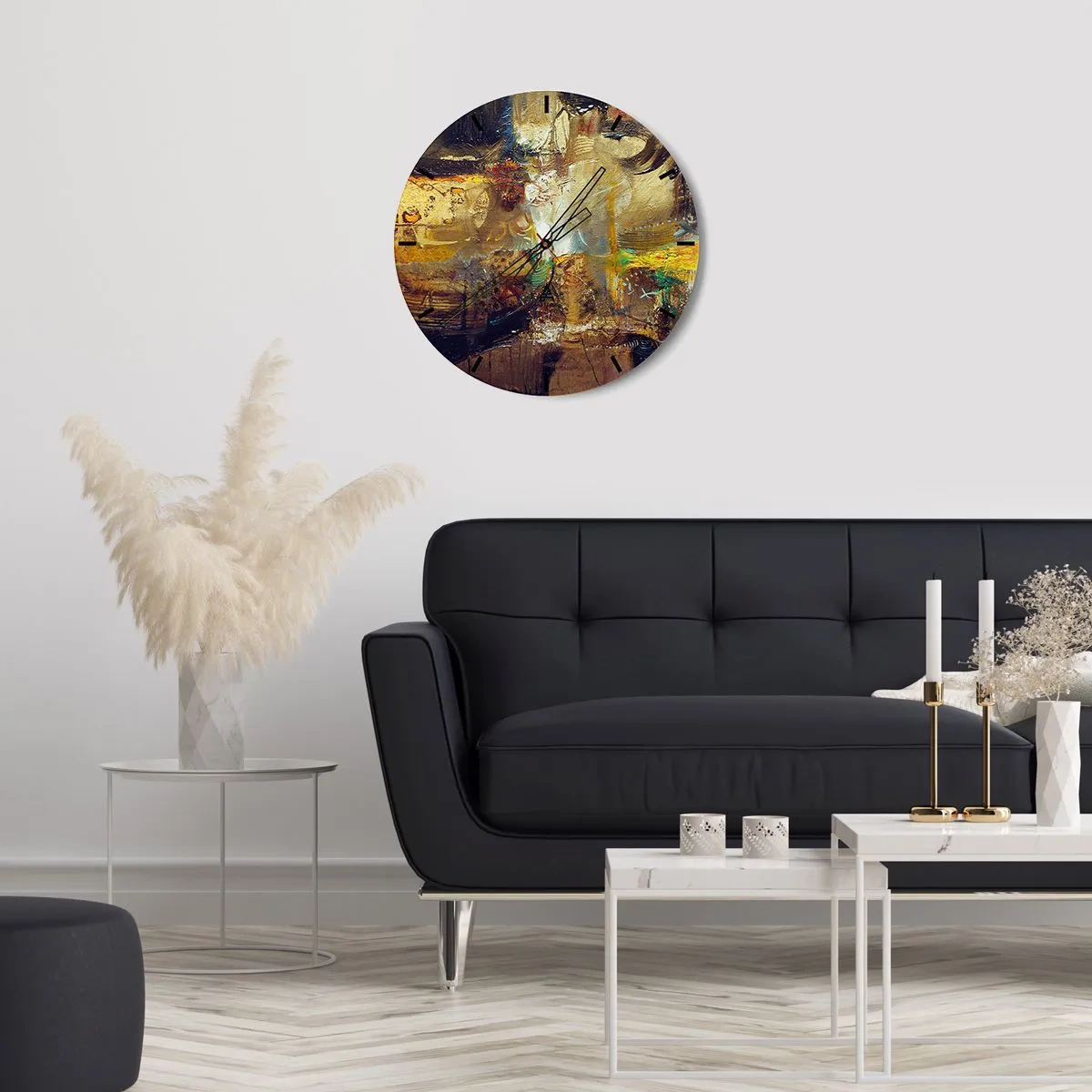 Orologio da parete - Orologio in Vetro - Una composizione astratta nei toni dell'oro, del marrone e del blu. - 30x30cm - Freddo, più caldo, bollente - Decorazione murale moderna per soggiorno, cucina e camera da letto ARTTOR