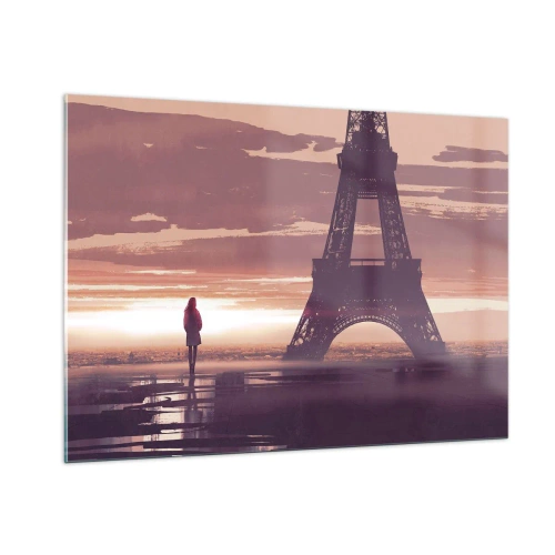 Quadro su vetro - La Torre Eiffel al tramonto con la sagoma di una persona - 100x70cm - Solo loro due - Decorazione murale moderna per soggiorno e camera da letto ARTTOR