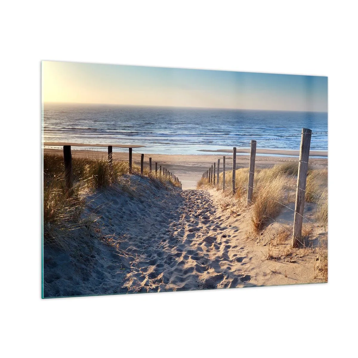 Quadro su vetro - Un sentiero tra le dune che conduce ad una spiaggia con mare calmo - 100x70cm - Rumore del mare, uccelli che cantano, spiaggia selvatica tra i cespugli... - Decorazione murale moderna per soggiorno e camera da letto ARTTOR
