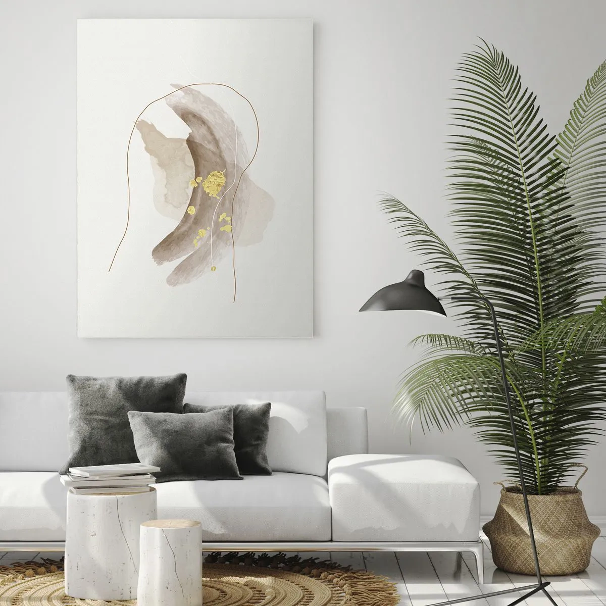 Quadro su vetro - Astrazione beige e oro con linee e forme delicate - 50x70cm - Incontro nello spazio - Decorazione murale moderna per soggiorno e camera da letto ARTTOR