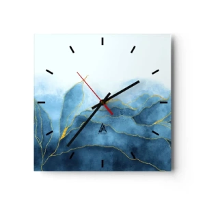 Orologio da parete - Orologio in Vetro - Onde astratte nelle tonalità del blu con accenti dorati - 30x30cm - Blu nell'oro - Decorazione murale moderna per soggiorno e camera da letto ARTTOR