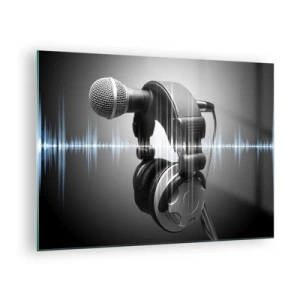 Quadro su vetro - Microfono con cuffie su uno sfondo di onde sonore - 70x50cm - Si sente ancora il canto - Decorazione murale moderna per soggiorno e camera da letto ARTTOR