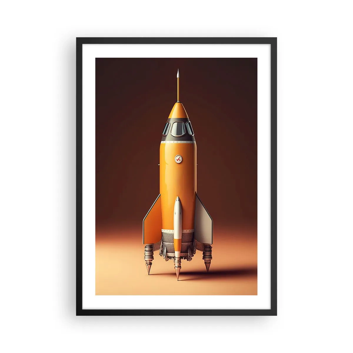 Poster in cornice nera - Un moderno razzo spaziale su uno sfondo dai colori caldi. - 50x70cm - Si inizia dai sogni - Decorazione murale moderna per soggiorno e camera da letto ARTTOR