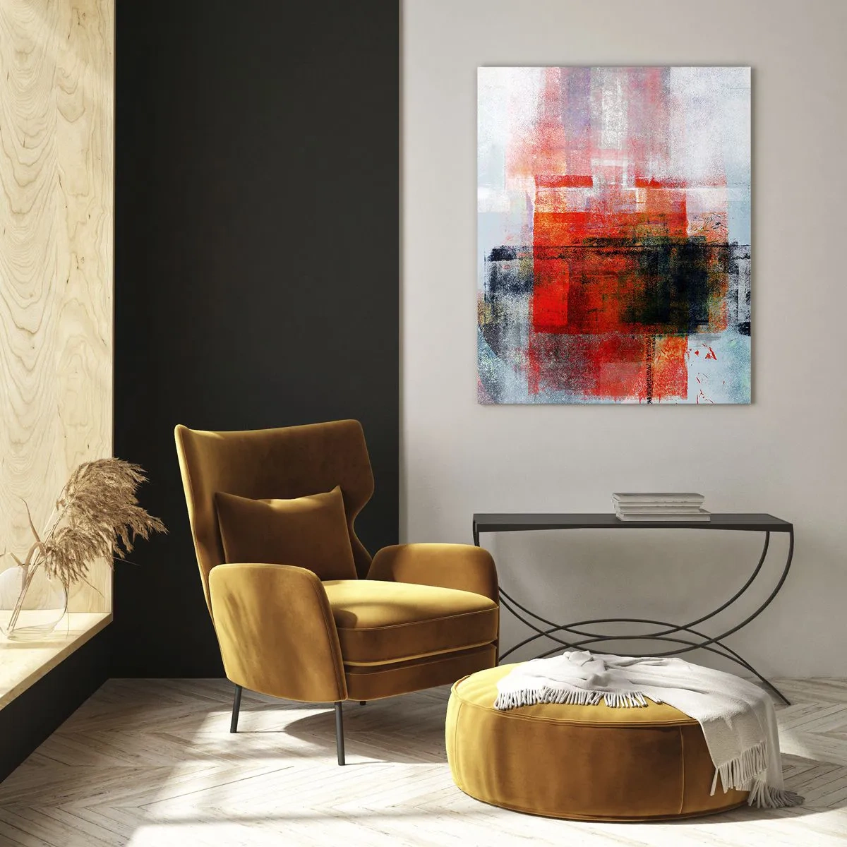 Quadro su vetro - Astrazione geometrica in intense tonalità di rosso e nero. - 50x70cm - Composizione arroventata - Decorazione murale moderna per soggiorno e camera da letto ARTTOR