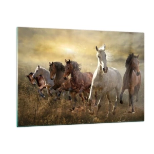 Quadro su vetro - Una mandria di cavalli al galoppo sotto i raggi del sole al tramonto - 120x80cm - Evviva la libertà! - Decorazione murale moderna per soggiorno e camera da letto ARTTOR