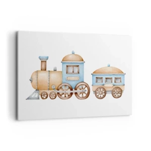 Quadro su tela - Stampe su Tela - Disegno di un treno in tonalità pastello su sfondo bianco - 120x80cm - Fermo alla stazione... - Decorazione murale moderna per soggiorno e camera da letto ARTTOR