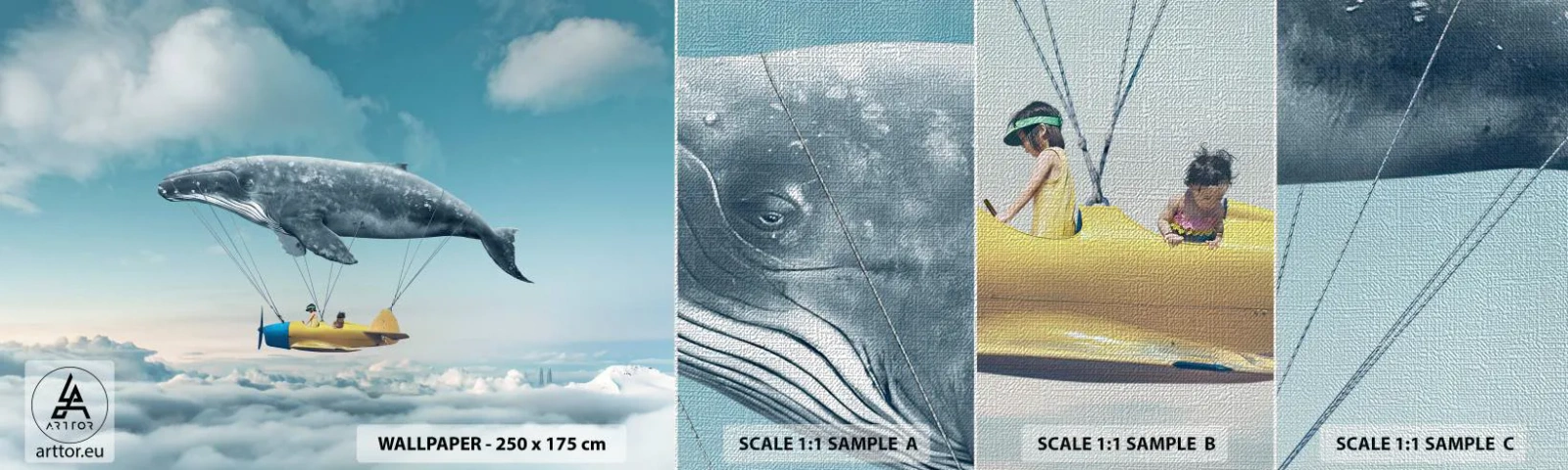 Campione di Fotomurale Premium Canvas - Perché no? - Balena, Bambini, Aereo - 100x30 cm