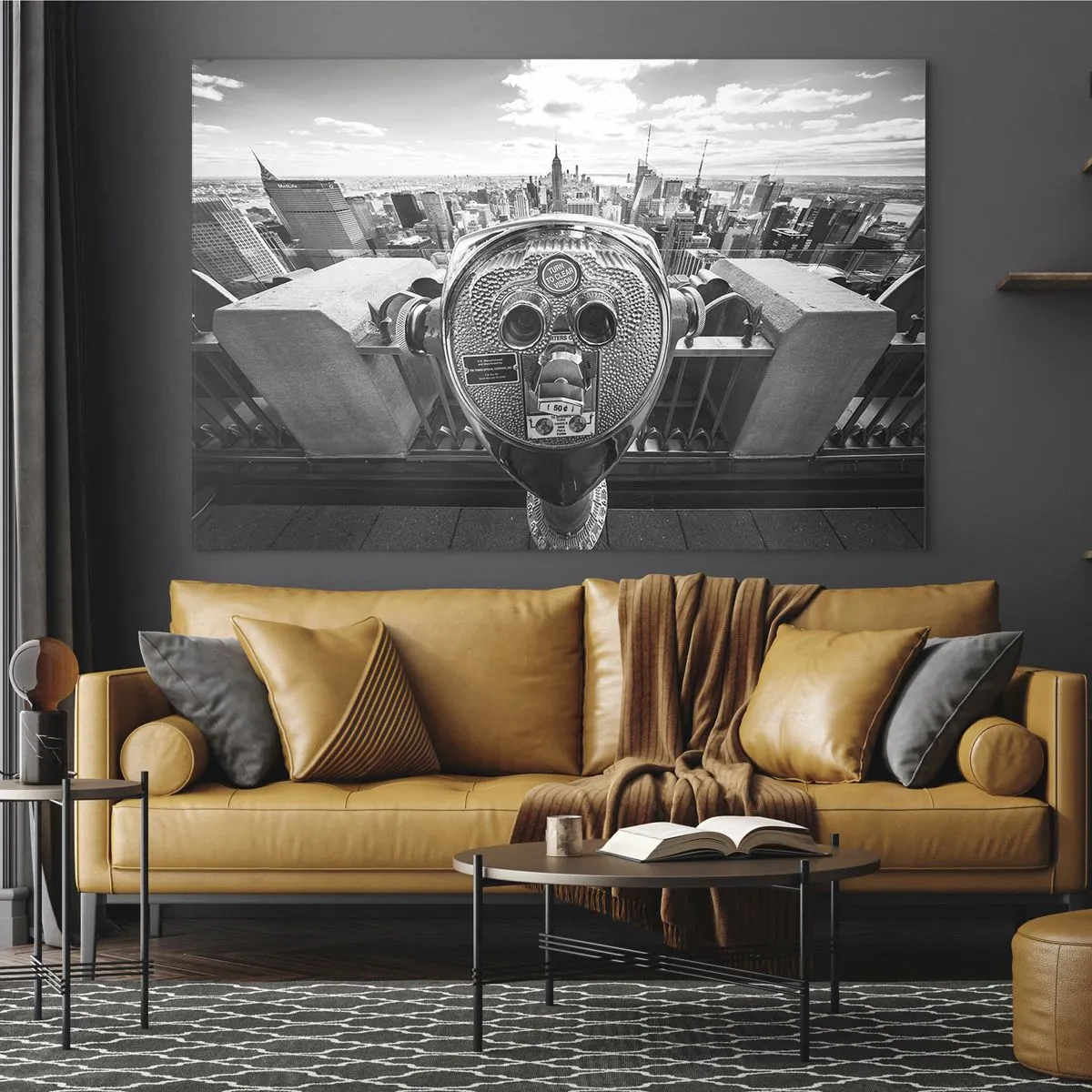 Quadro su vetro - Vista in bianco e nero di New York con un telescopio di osservazione - 120x80cm - Il centro del mondo - Decorazione murale moderna per soggiorno e camera da letto ARTTOR