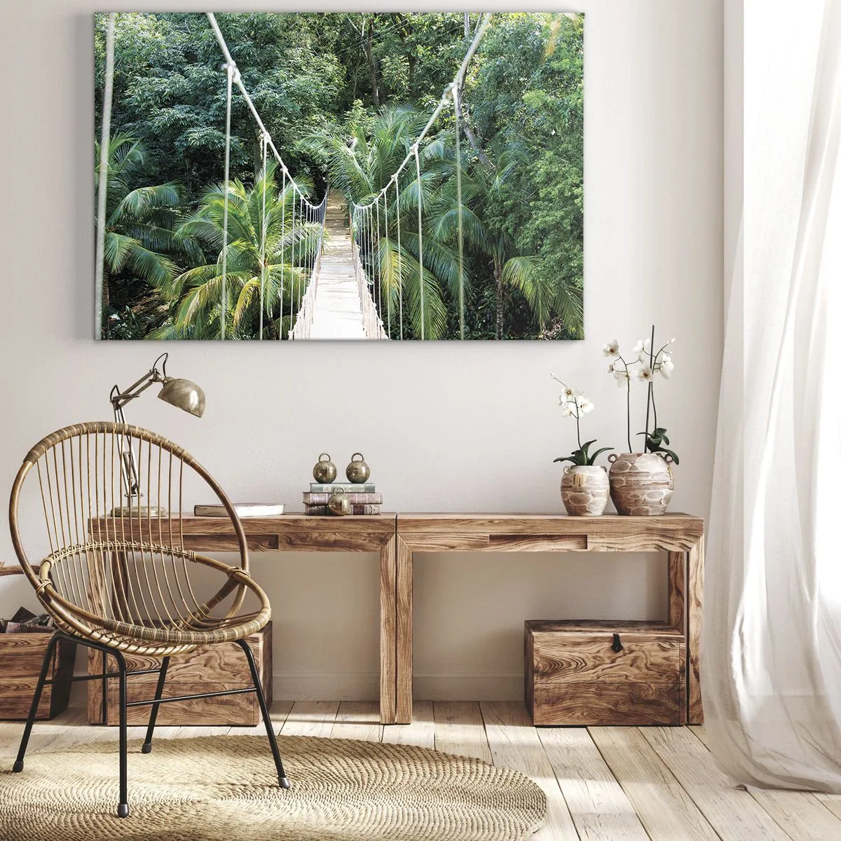 Quadro su tela - Stampe su Tela - Un ponte sospeso in una giungla tropicale piena di verde - 120x80cm - Welcome to the jungle! - Decorazione murale moderna per soggiorno e camera da letto ARTTOR