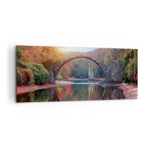Quadro su tela - Stampe su Tela - Un ponte di pietra in uno scenario autunnale sopra acque calme - 120x50cm - Dall'altro lato dello specchio - Decorazione murale moderna per soggiorno e camera da letto ARTTOR