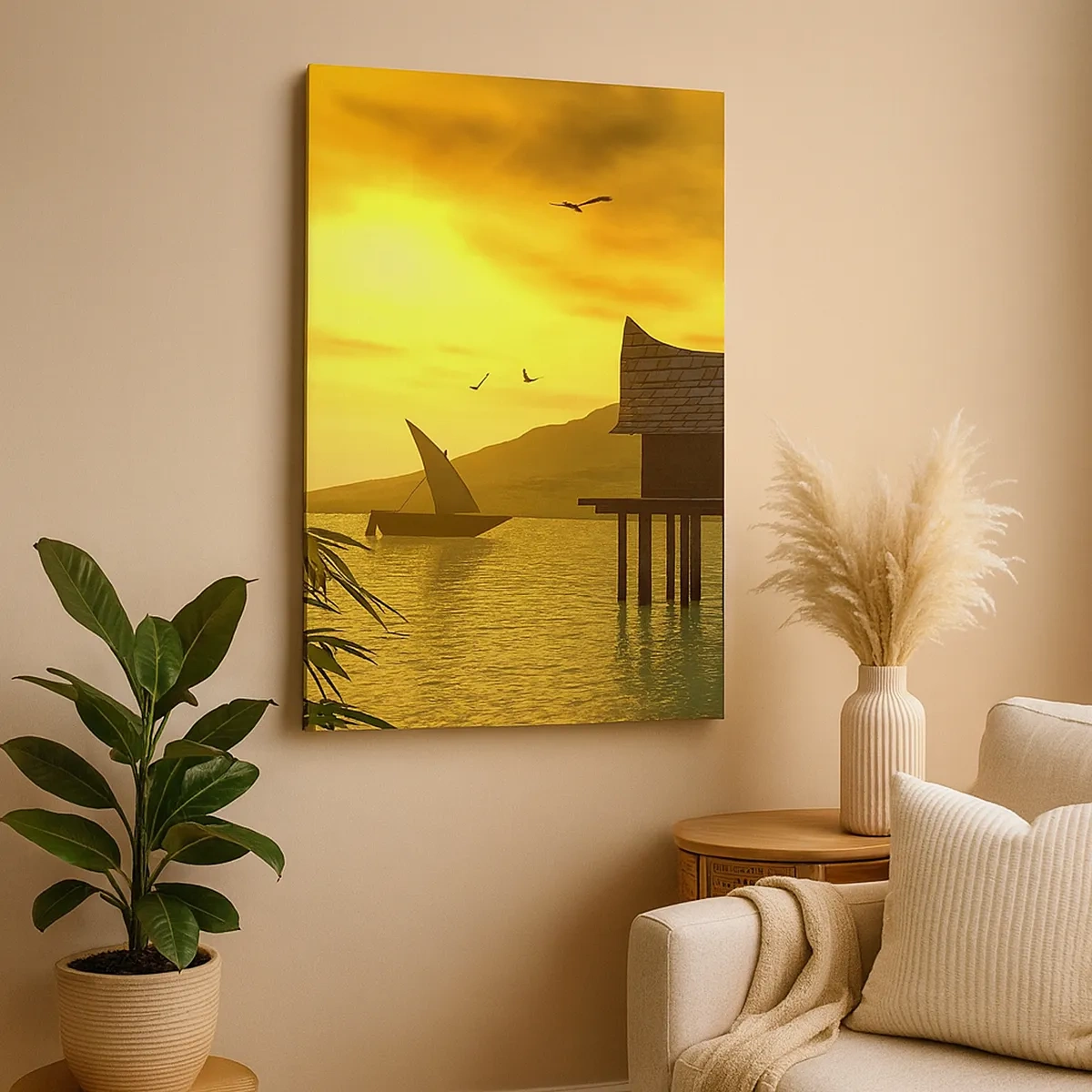 Quadro su tela - Stampe su Tela - Tramonto tropicale sull'acqua con casa in legno su palafitte. - 50x70cm - Calma desiderata - Decorazione murale moderna per soggiorno e camera da letto ARTTOR