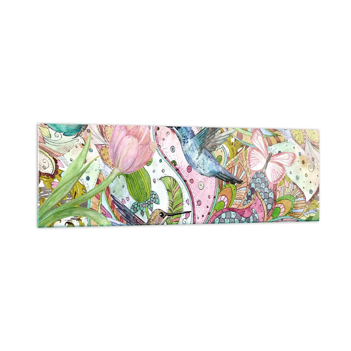 Quadro su vetro - Colibrì e farfalle colorati tra le piante - 160x50cm - Intrecciate nei rami - Decorazione murale moderna per soggiorno e camera da letto ARTTOR