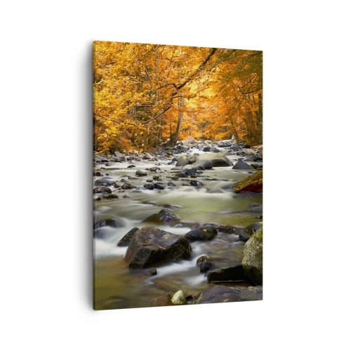 Quadro su tela - Stampe su Tela - Un ruscello in una foresta autunnale circondato da foglie dorate - 50x70cm - Ruscello nel bosco dorato - Decorazione murale moderna per soggiorno e camera da letto ARTTOR