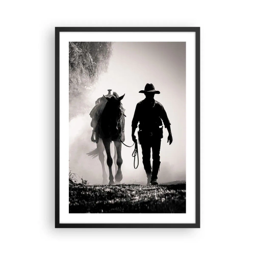 Poster in cornice nera - Silhouette di un cowboy con il suo cavallo nella nebbia mattutina - 50x70cm - Mattino texano - Decorazione murale moderna per soggiorno e camera da letto ARTTOR