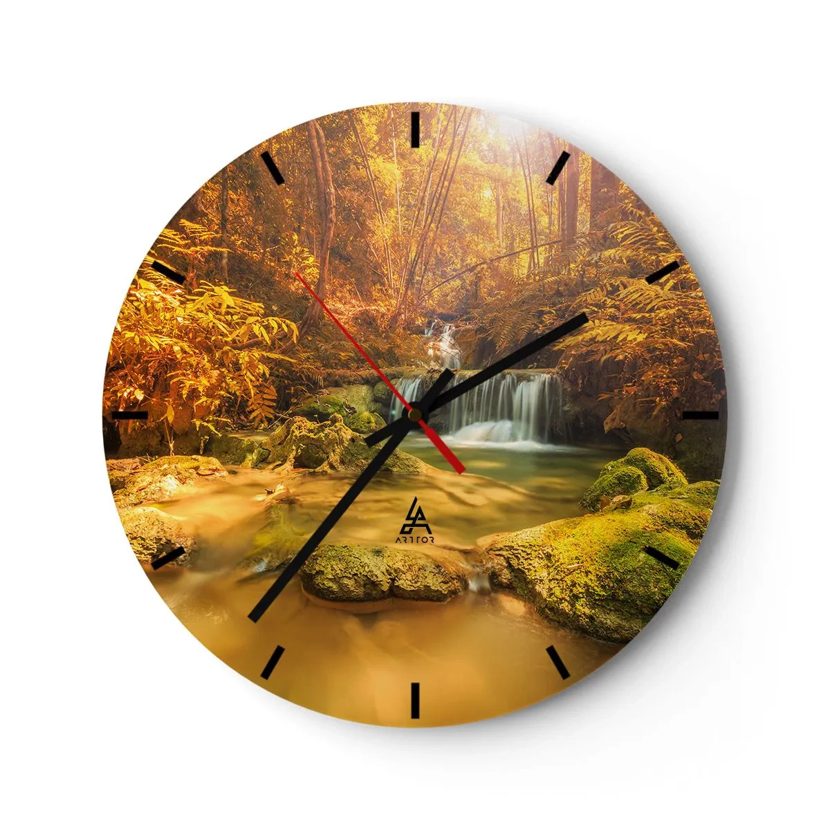 Orologio da parete - Orologio in Vetro - Una cascata dorata circondata da una vegetazione lussureggiante - 30x30cm - Cascata boschiva in oro - Decorazione murale moderna per soggiorno, cucina e camera da letto ARTTOR