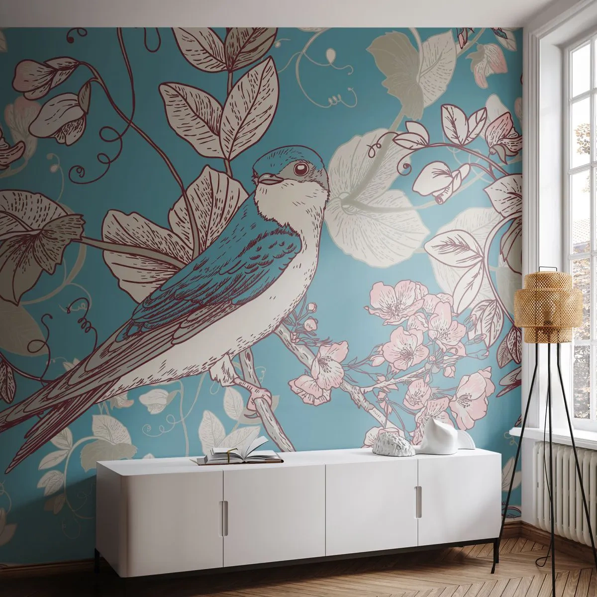 Fotomurali Premium Sand - Uccello stilizzato tra i fiori su sfondo blu - 100x70cm - Sul pioppo riflessi e cinguettii - Decorazione murale moderna per soggiorno e camera da letto ARTTOR