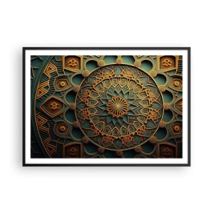 Poster in cornice nera - Un mandala dorato su sfondo turchese con ricchi dettagli. - 100x70cm - Atmosfera araba - Decorazione murale moderna per soggiorno e camera da letto ARTTOR