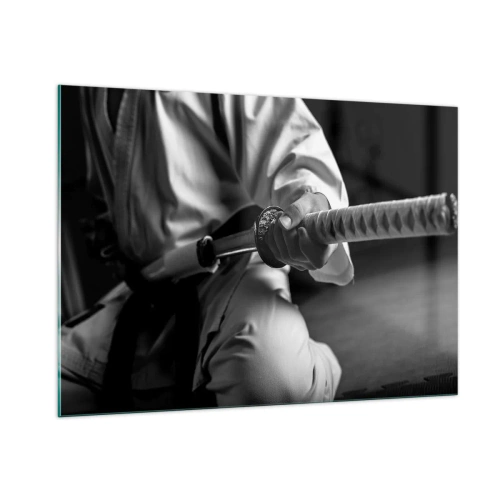 Quadro su vetro - Una figura in kimono che impugna una spada, composizione in bianco e nero - 100x70cm - L'anima del guerriero - Decorazione murale moderna per soggiorno e camera da letto ARTTOR