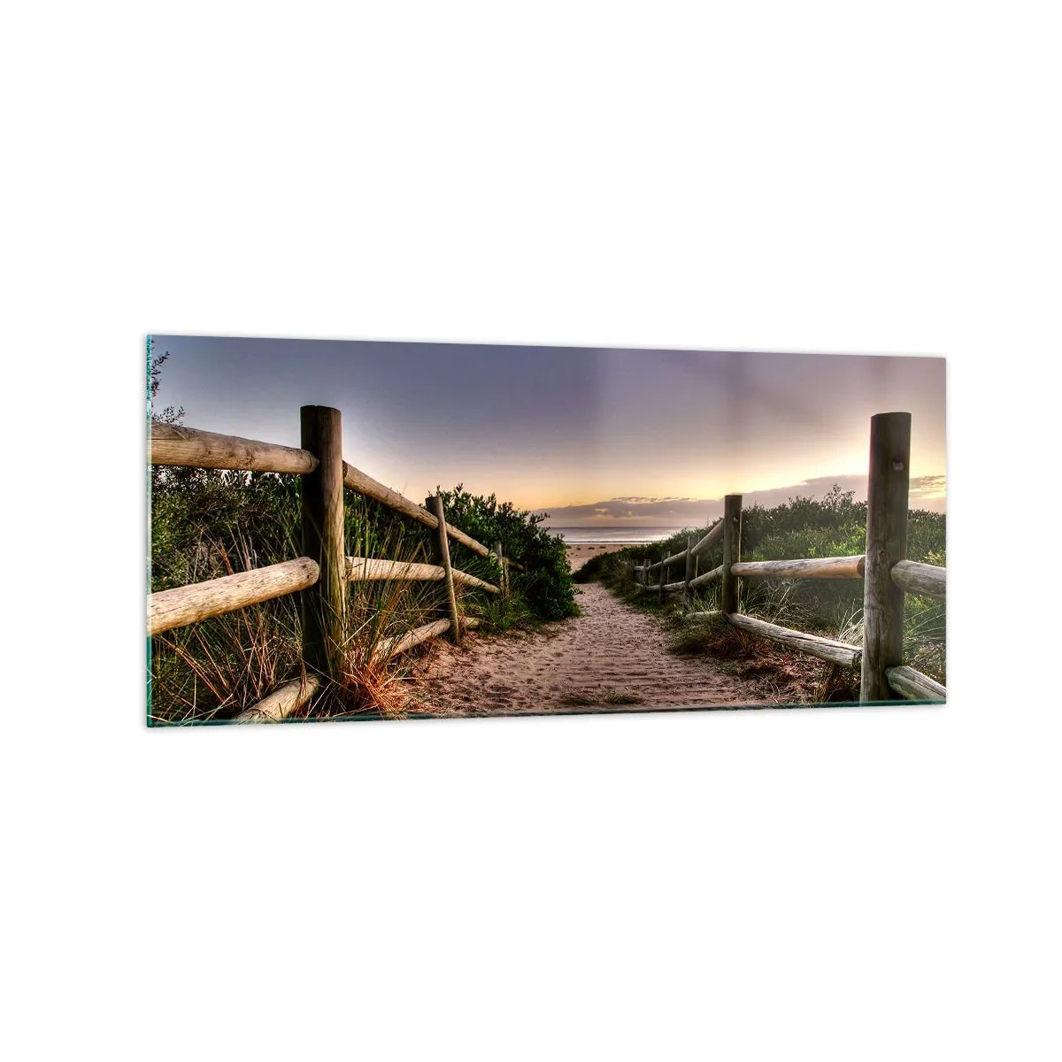 Quadro su vetro - Sentiero in legno tra le dune che conduce alla spiaggia al tramonto - 120x50cm - Già si vede la meta - Decorazione murale moderna per soggiorno e camera da letto ARTTOR