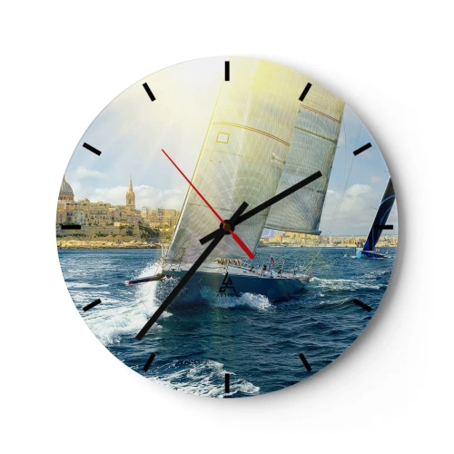 Orologio da parete - Orologio in Vetro - Barche a vela sullo sfondo di una città di mare sotto il sole - 30x30cm - Tempo di lasciare la città - Decorazione murale moderna per soggiorno, cucina e camera da letto ARTTOR