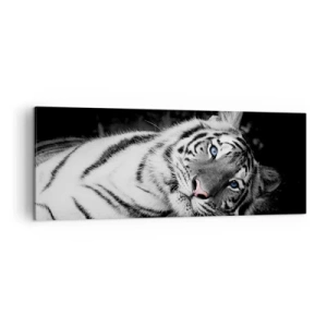 Quadro su tela - Stampe su Tela - Una tigre bianca artisticamente raffigurata su uno sfondo nero - 140x50cm - Selvaggità e pace - Decorazione murale moderna per soggiorno e camera da letto ARTTOR