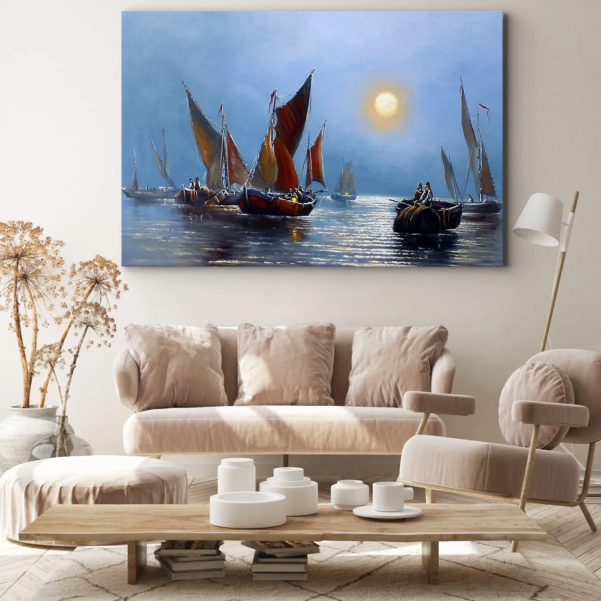 Quadro su tela - Stampe su Tela - Barche con le vele su acque calme al tramonto - 100x70cm - Pesca notturna - Decorazione murale moderna per soggiorno e camera da letto ARTTOR