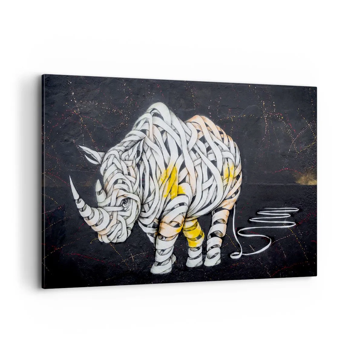 Quadro su tela - Stampe su Tela - Un rinoceronte scolpito con strisce astratte su sfondo scuro. - 100x70cm - La pelle dura è un mito - Decorazione murale moderna per soggiorno e camera da letto ARTTOR