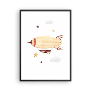 Poster in cornice nera - Un dirigibile dipinto ad acquerello che fluttua tra le stelle e le nuvole. - 50x70cm - Nave volante - Decorazione murale moderna per soggiorno e camera da letto ARTTOR